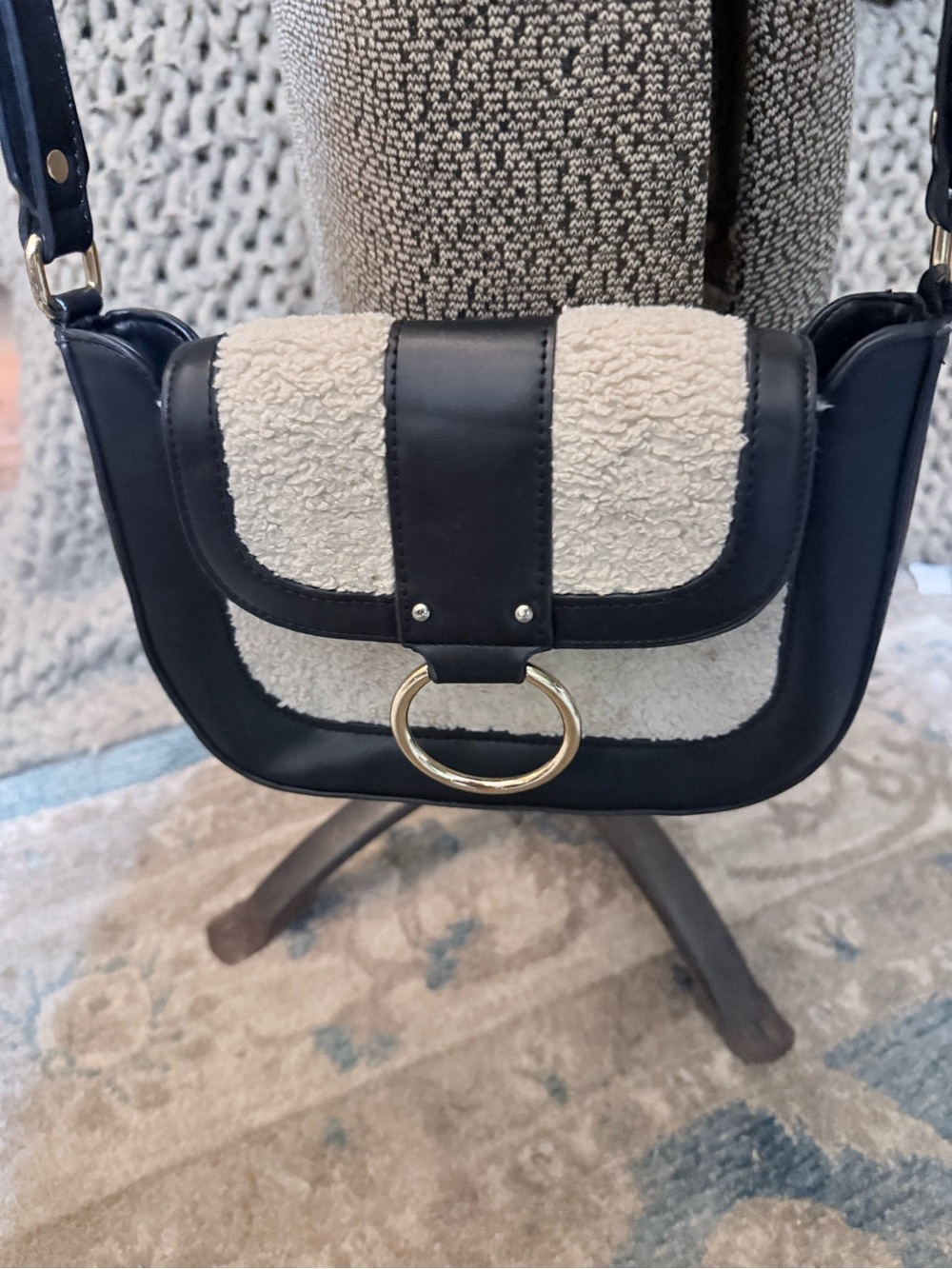 Antik Kraft Black & Cream Sherpa Crossbody Bag with Gold Ring Accent